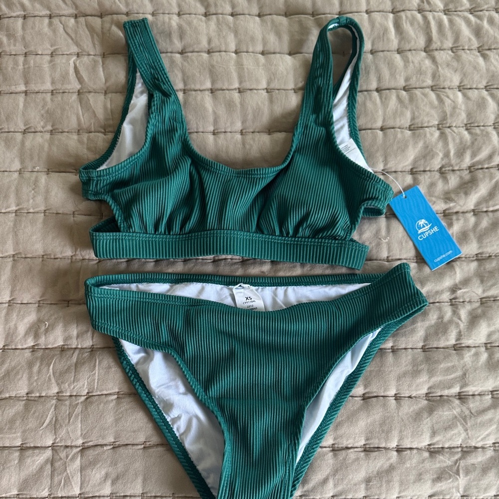 Cupshe Teal Ribbed Bikini Set